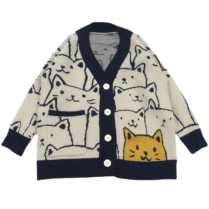 

Harajuku Cartoon Cat Print Cardigan Sweater Men Streetwear Kawaii Pattern Knitwear Fashion Casual Knitted Jacket Women Unisex