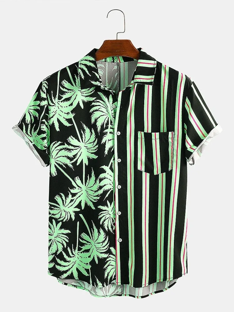 New Male Summer Green Fall Maple Leaf Stripe Color Matching Tops Men Personality Design Casual Short Sleeves Blouse Adult Boys