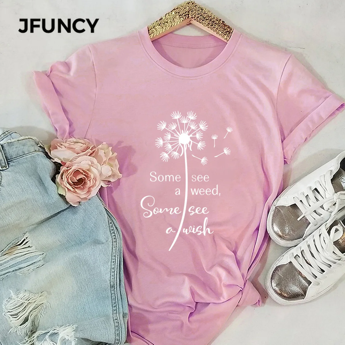 JFUNCY Dandelion Print Harajuku T Shirt Women  Shirts 100% Cotton Short Sleeve Woman T-Shirt Female Summer Tops