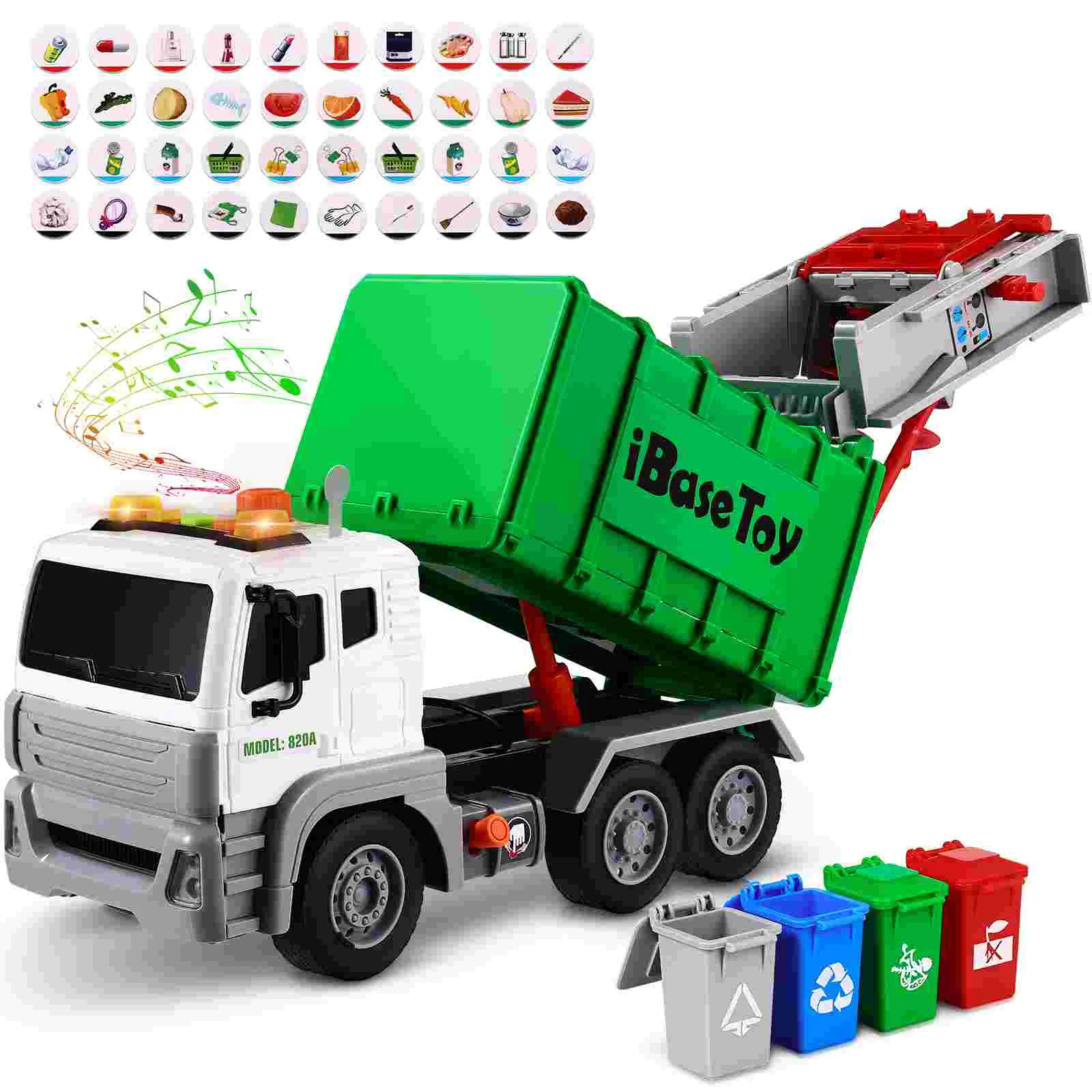

iBaseToy Garbage Truck Toys Rubbish Collector Car Model Kids Toddlers Trash Classification Learning Game Vehicle Set