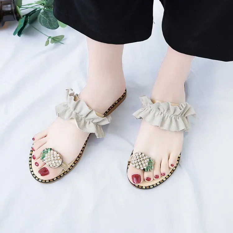 Ананас для женщин Стразы классные тапочки модная обувь на плоской подошве