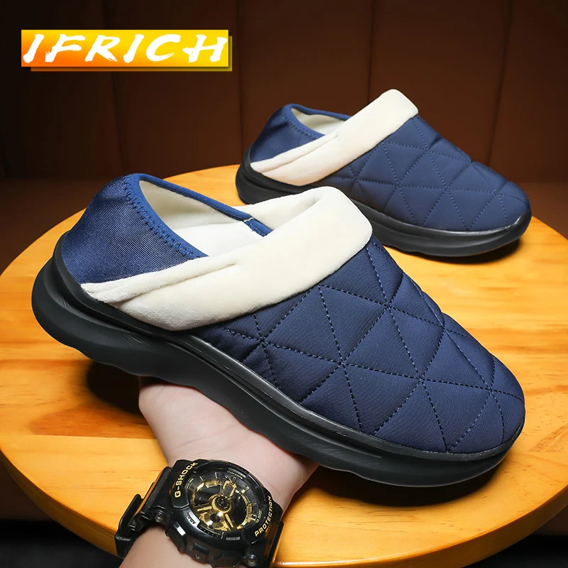 

2021 Winter Warm Warm Fur Slippers for Men Black Half slippers Men Thermal Slippers Plus Size House Shoes Mens Size 37-46