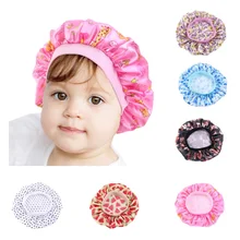 Cute Children Pattern Bonnet Night Sleep Cap Kids Satin Wide-brimmed Elastic Turban Chemo Hat Girl B