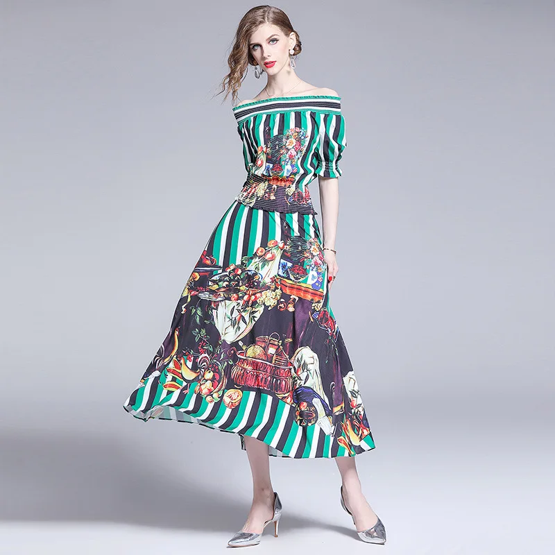M-XXL spring summer woman dress vintage pattern black white green strip slash collar fashion calf length | Женская одежда
