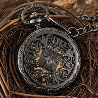 antique mechanical pocket watch hollow black dial hand winding men pendant collection fob chain watch skeleton steampunk clock