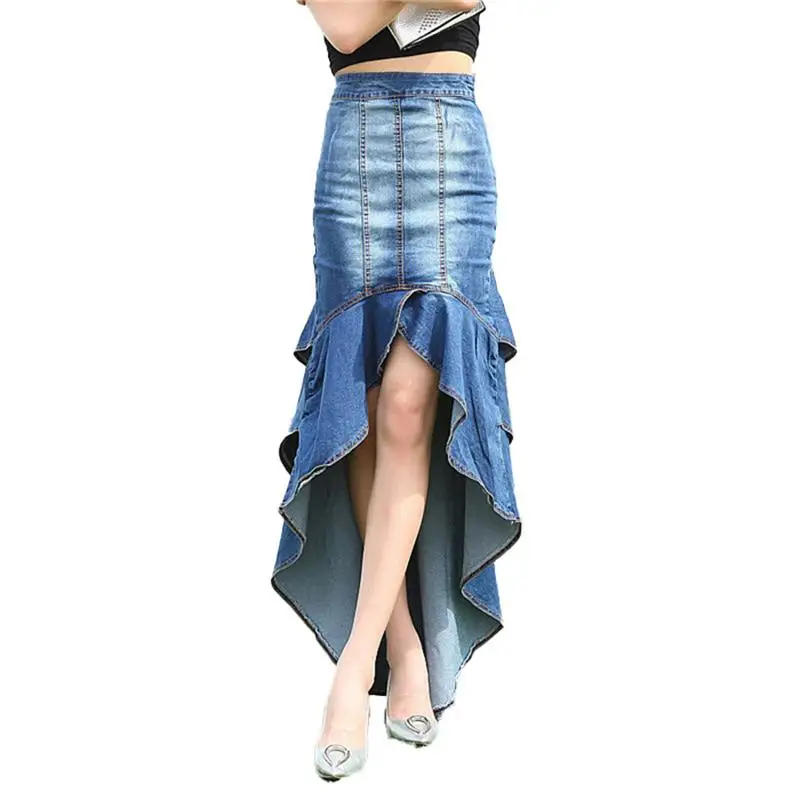 

Ladies High Street Irregular Front Short Back Long Mopping Stretch Cake Denim Skirt