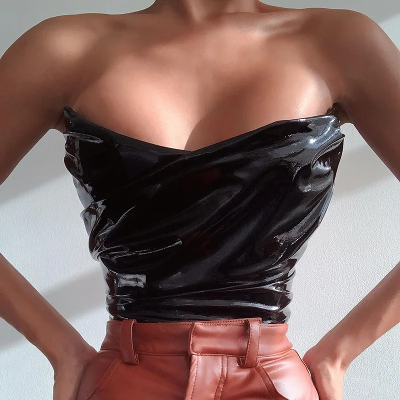 

Autumn and Winter 2021 New European and American Fashion Women's Sexy Off Shoulder PU Leather Bra Vest