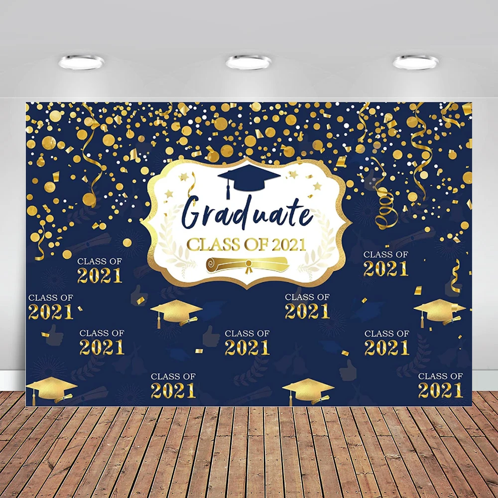 

Graduation Backdrop Royal Blue and Gold Bachelor Cap Congrats Grad Background for Photography Class of 2021 Graduation Party