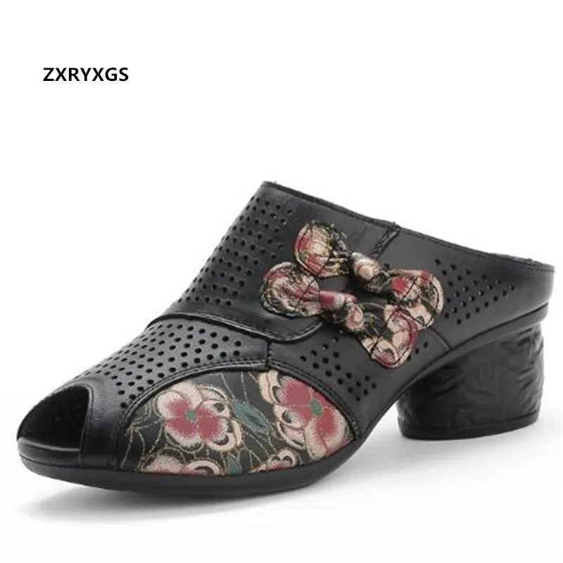

2022 Summer Printed Genuine Leather Slippers Hollow Fish Mouth Shoes Fashion Sandals Thick Heel Elegant Sandals Women Slippers