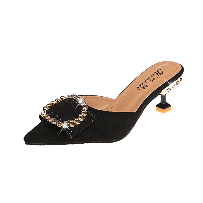 

Shoes For Girls Slippers Women Summer Pointed Toe Thin Heels Pantofle Med Luxury Slides Flock Lady 2021 Cover Designer Fabric Ru