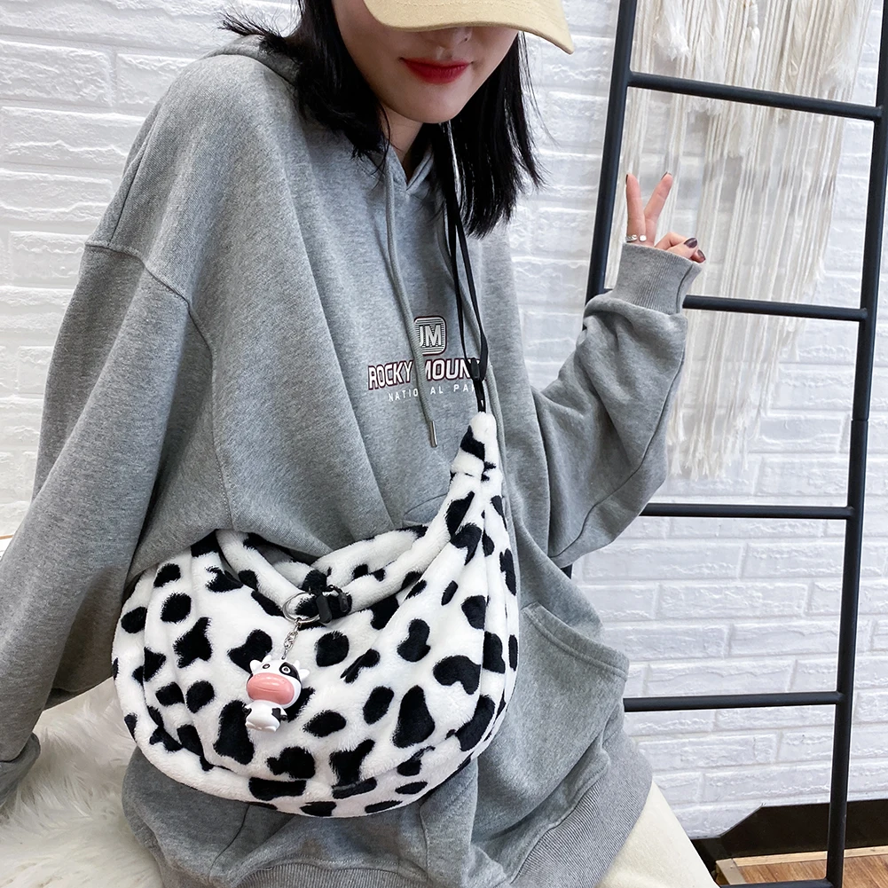 

Winter Cow Milk Pattern Crossbody For Women 2020 Plush Chest Bag Fanny Pack Large Capacity Shoulder Bags Female Warm Fur Bag