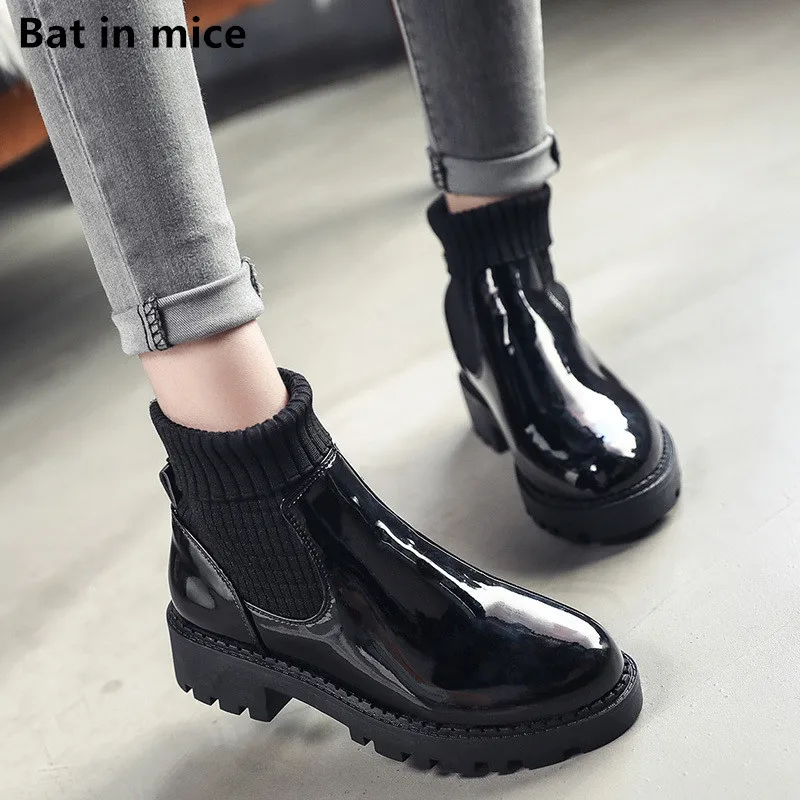 Женские ботинки сезон осень зима женские Челси из лакированной кожи с круглым