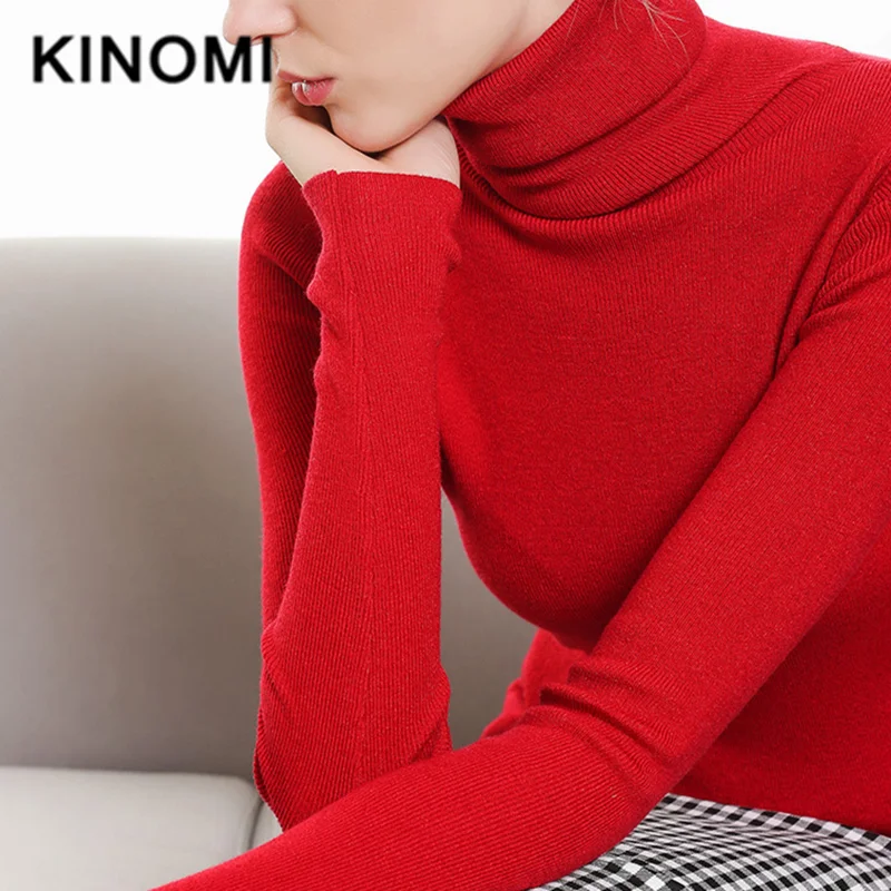 KINOMI Autumn Winter Solid Basic Knitted Pullover Women Turtleneck Sweater Long Sleeve Black Red Pullovers Tops 2019 New | Женская