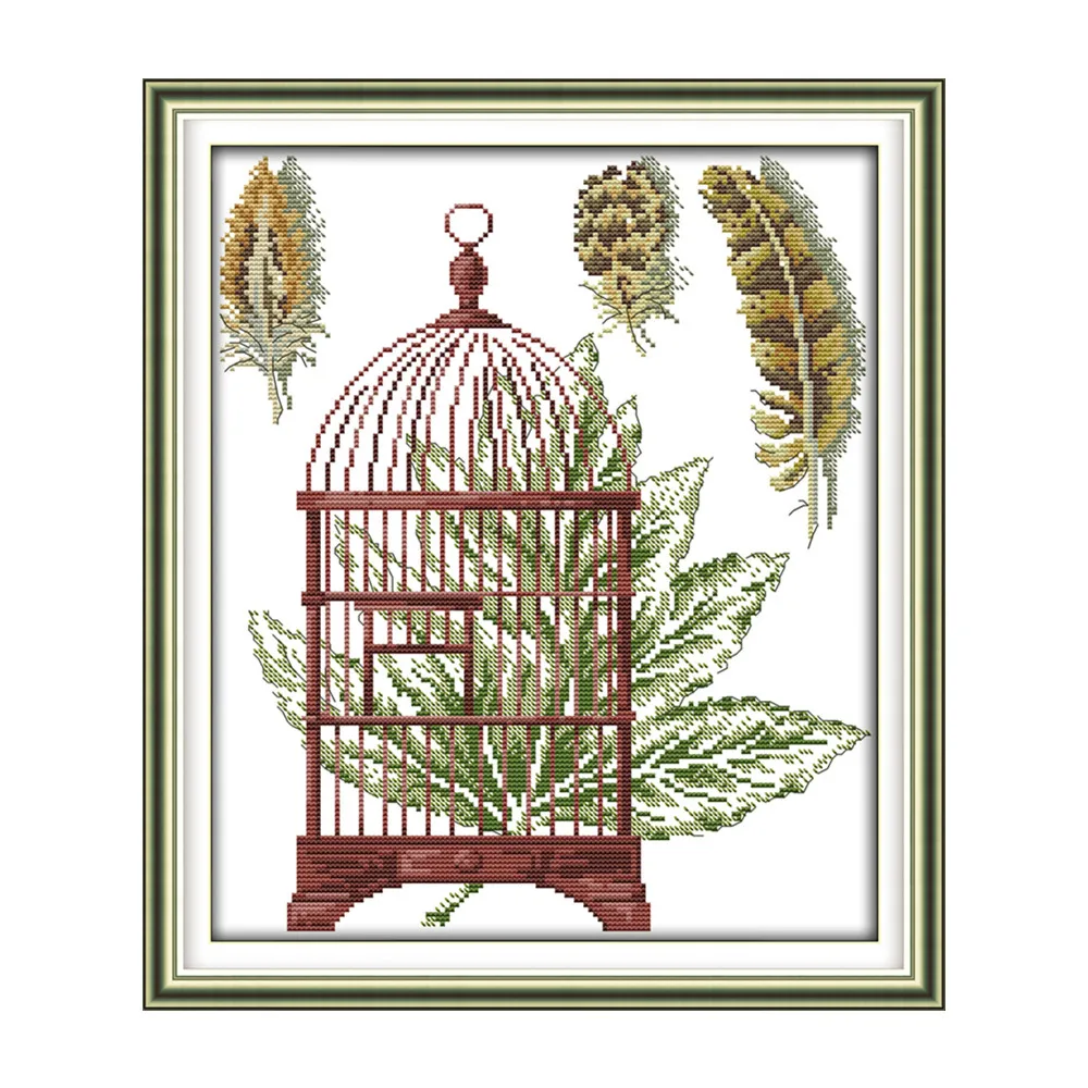 

Feather and cage cross stitch kit cartoon animal aida 14st 11ct count canvas stitches embroidery DIY handmade needlework