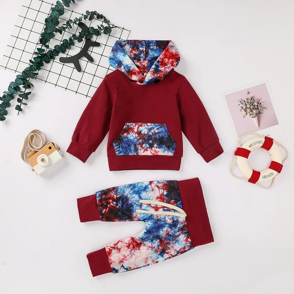 2pc Baby Boys Clothes Set Newborn Infant Tie-dye Hooded Sweatshirt Pants Outfits Winter Autumn Long Sleeve Top Free Ship |
