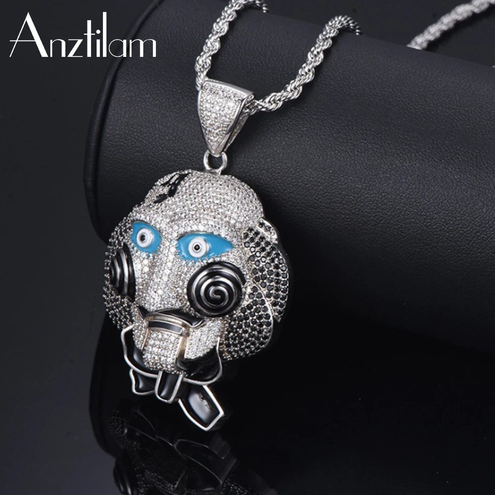 

Iced Out Cute Blue Eye Ghost Pendants Personality Face Hip Hop Necklace Silver Color AAA+Zircon Stone Bling Rope Chain Choker