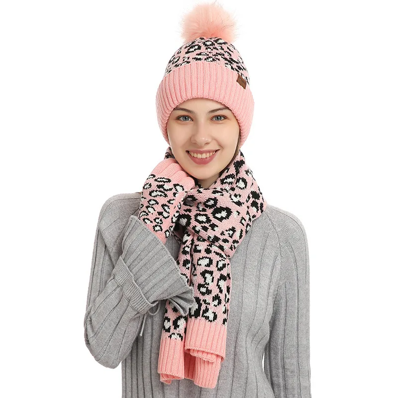 

New Leopard Pattern Warm Wool Knitted In Autumn and Winter In Europe and America. Hat, Scarf, Gloves, Three Piece Set