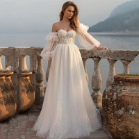 elegant boho wedding dresses 2022 dots tulle puff long sleeve lace bride dress beads a line plus size wedding gowns corset back