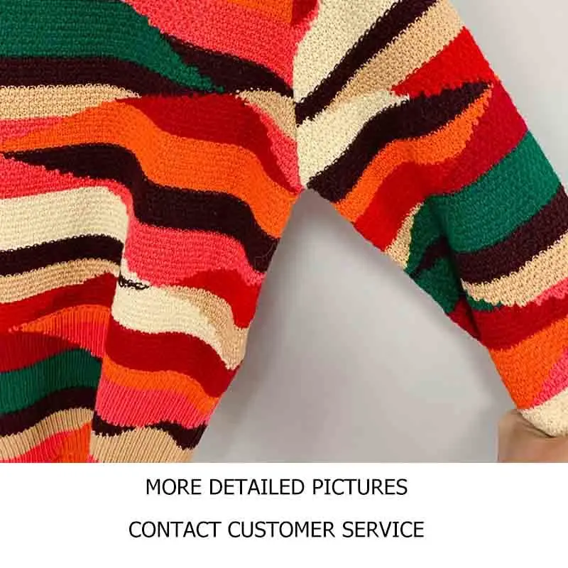 

Cosmicchic Women Sweater 2021 Runway Design Colorful Knitted Pullover Sweaters Geometric O-Neck Long-sleeved Short Kint Pullover