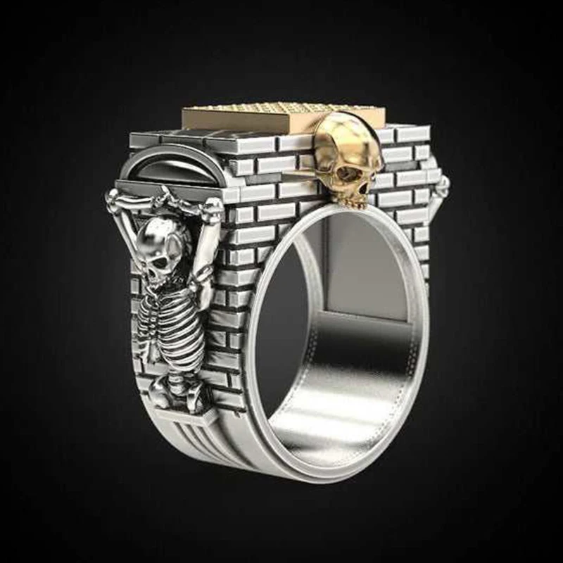 Gothic gold silver color skull ring men square cubic zircon two-tone skeleton wall biker rings for women punk rock jewelry | Украшения и