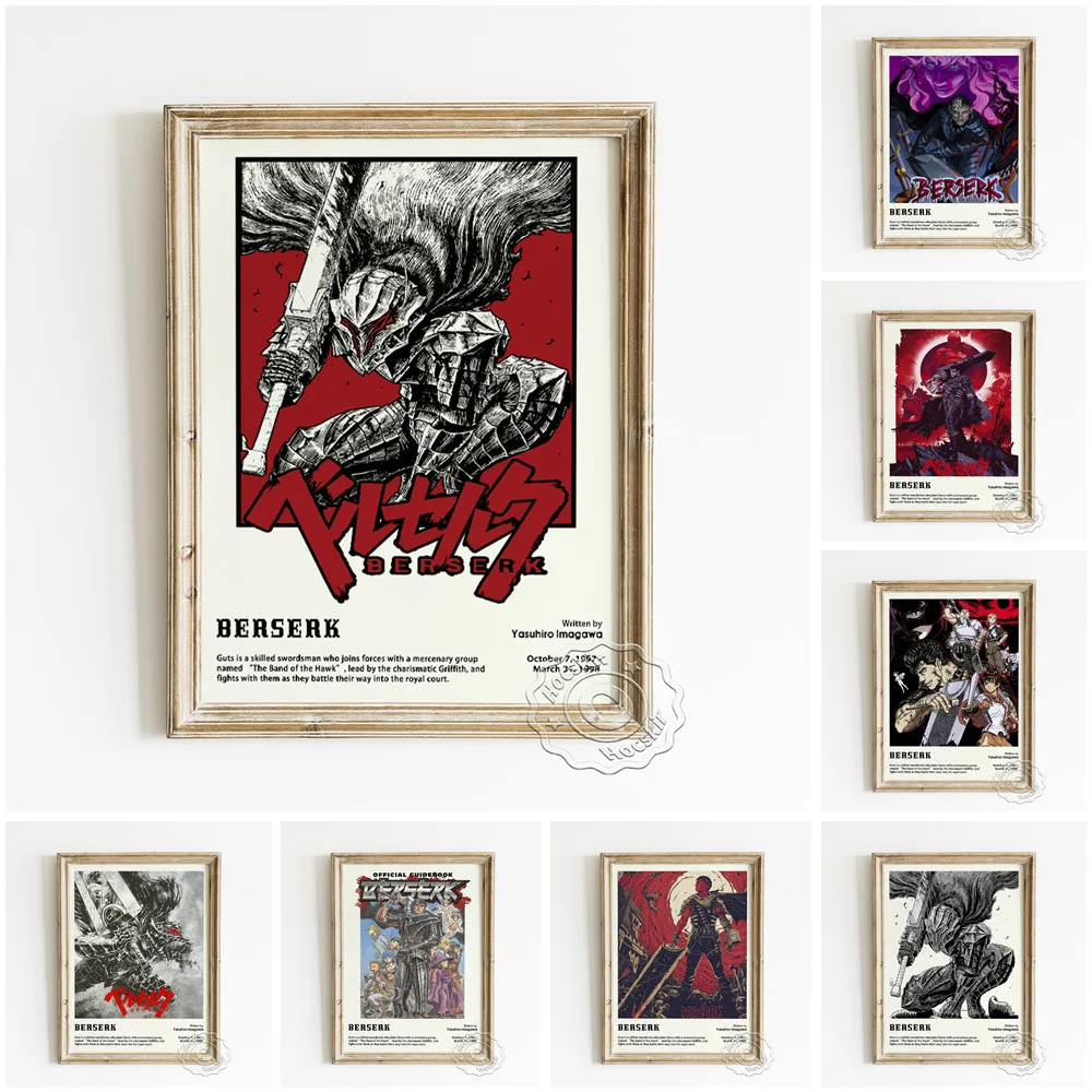 

Dark Fantasy Anime Berserk Retro Poster, Swords Magic Epic Enthusiast Collection, Black Swordsman Guts Home Decor Art Prints