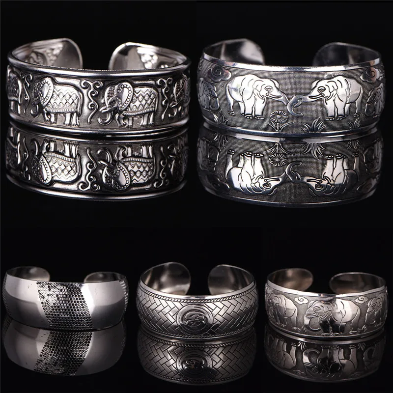 1Pcs Vintage Gypsy Elephant Bracelets Wide Lucky Flower Printing Tibet Silver Plated Totem Cuff Bangles For Women Christmas Gift | Украшения