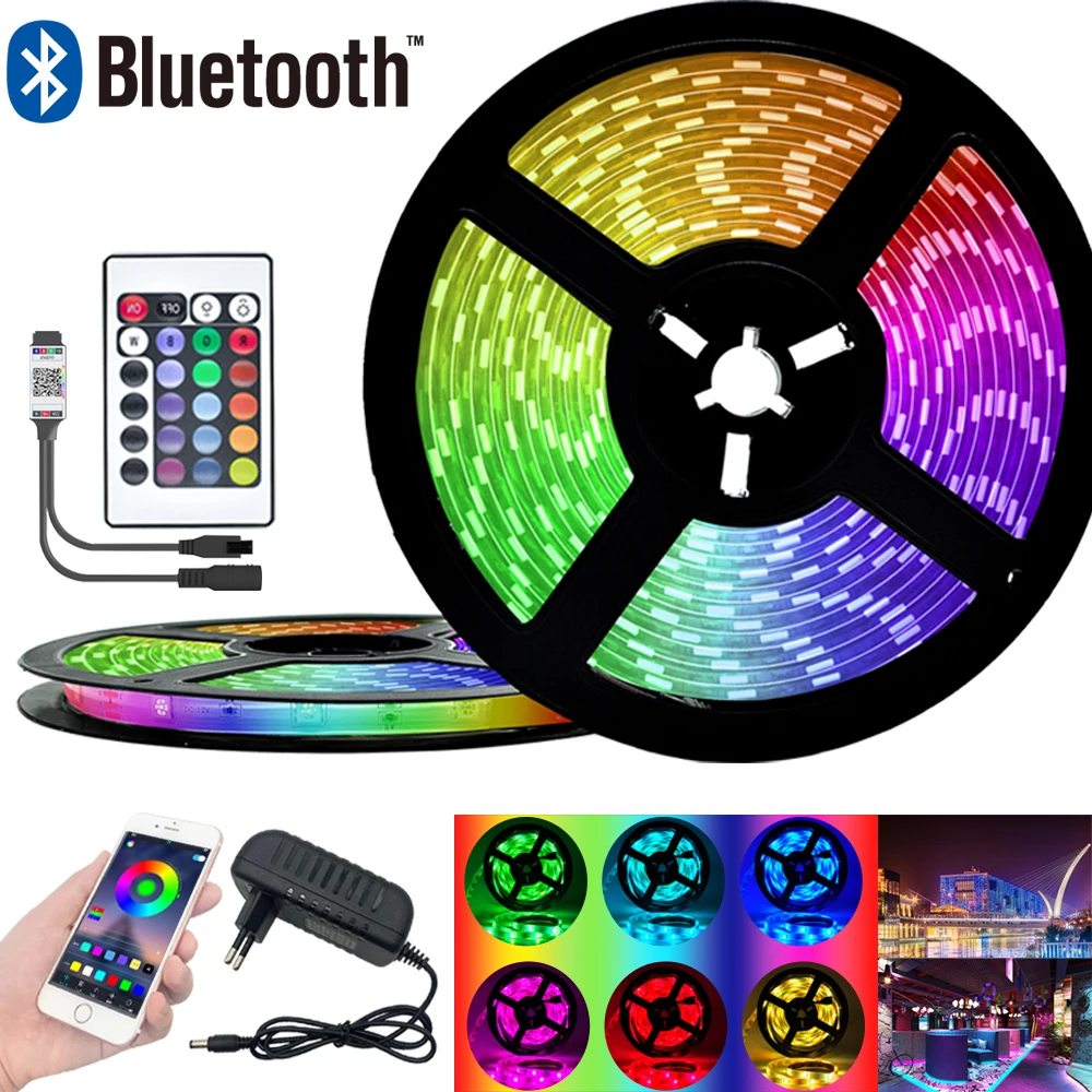 Tira de luz LED RGB SMD 2835, cinta Flexible de luz led RGB 5M, 12V de CC, Control Remoto y adaptador