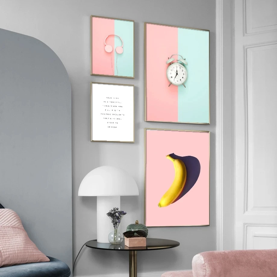 Скандинавская гарнитура часы банан плакаты и принты линия девушка холст
