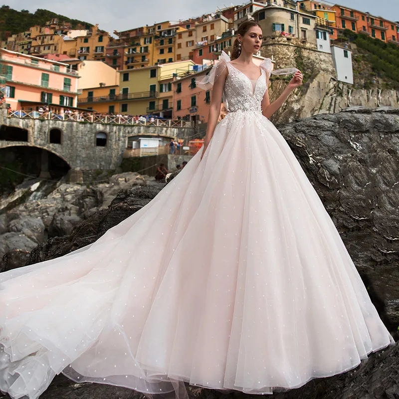 

Backless Vestido De Noiva Muslim Wedding Dresses Ball Gown V-neck Tulle Appliques Lace Beaded Boho Wedding Gown Bridal Dresses
