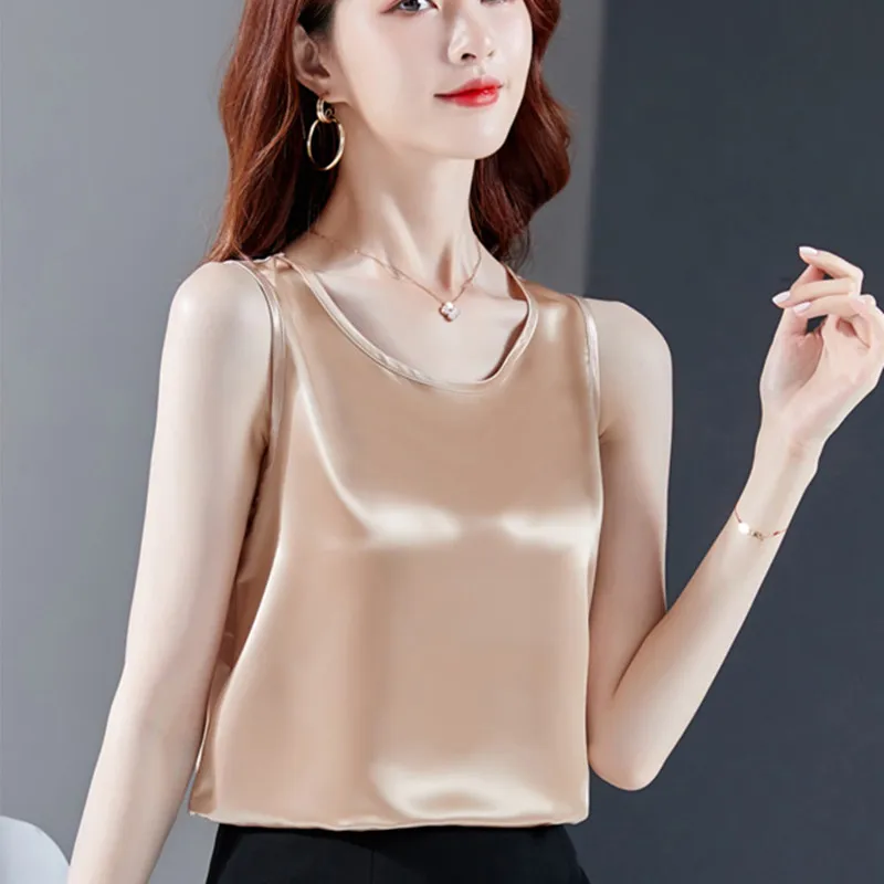 Корейский Шелковый женский топ Женская атласная майка без рукавов Женский