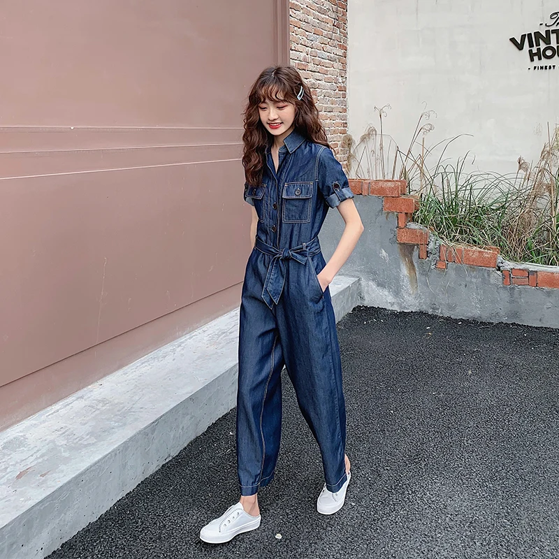 

Summer Short Sleeve Wide Leg Denim Jumpsuit Women Fashion Elegant Slim Casual One Piece Pants Sets Jeans Female Overalls Romper