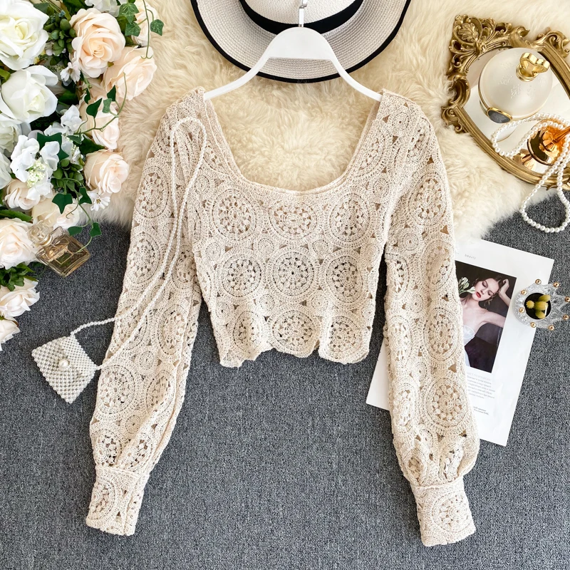 Купи 2021 Floral Real Sale Acrylic Full Lantern Sleeve Knitted Korean Kpop Unicorn Women's Square Collar Slim Hollow Crochet Knit за 1,294 рублей в магазине AliExpress