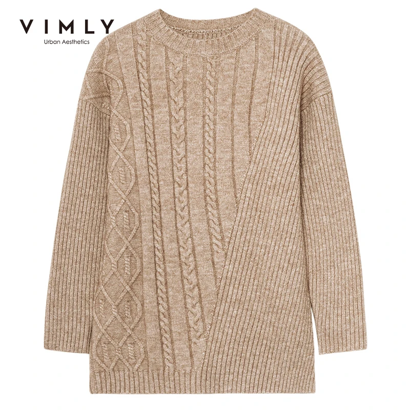 Vimly 2020 Autumn Winter Women Knit Sweater Vintage Solid Round Neck Loose Twist OL Style Elegant Female Long Pullover Top 99160 | Женская