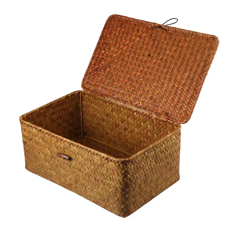 Storage Basket Woven Baskets  With For Box Seaweed Boxes Lid Rattan Desktop Decorative Organizing Lids Straw Small Table