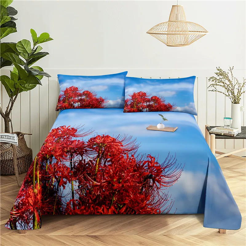 

Red Stamen 0.9/1.2/1.5/1.8/2.0m Digital Printing Polyester Bed Flat Sheet With Pillowcase Print Bedding Set