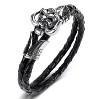 trendy double layer genuine leather bracelet bangle men stainless steel devil skull male wristbands hand charm jewelry gift p518