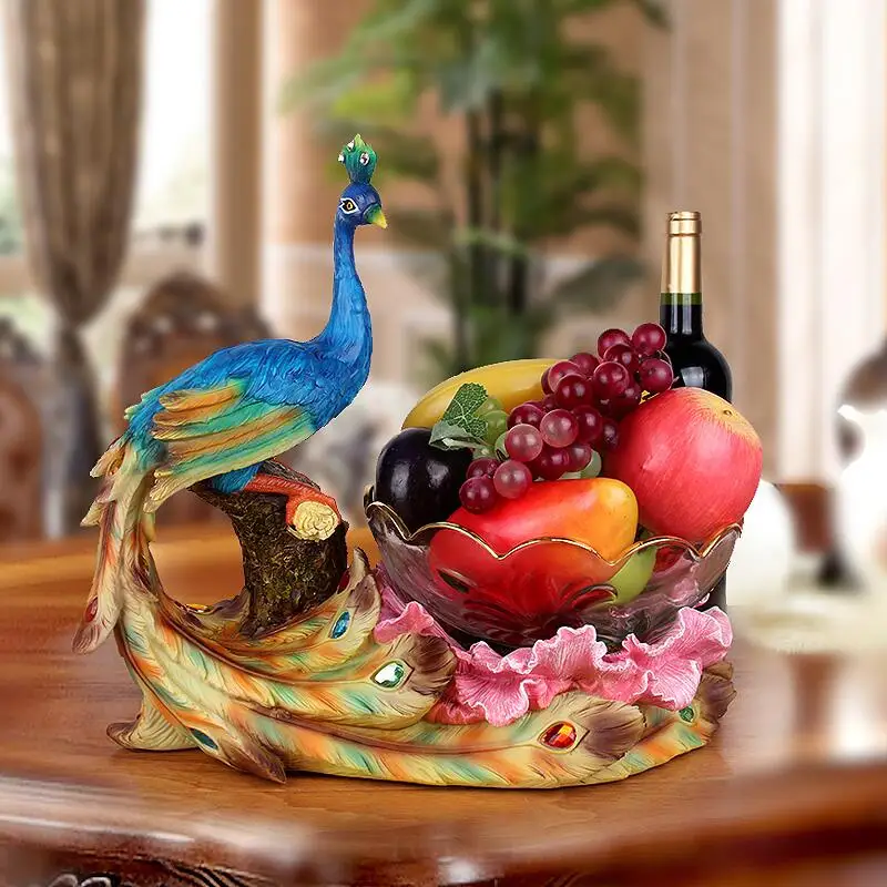 

European Luxury Resin Peacock Glass Fruit Plate Ornament Crafts Decoration Office Home Furnishing Desktop Figurine Wedding Gift