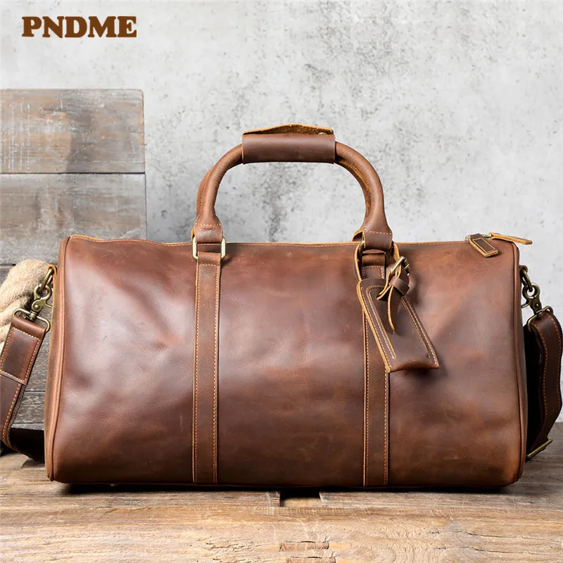 

PNDME vintage high-quality crazy horse cowhide men's large-capacity travel handbag classic weekend genuine leather luggage bag
