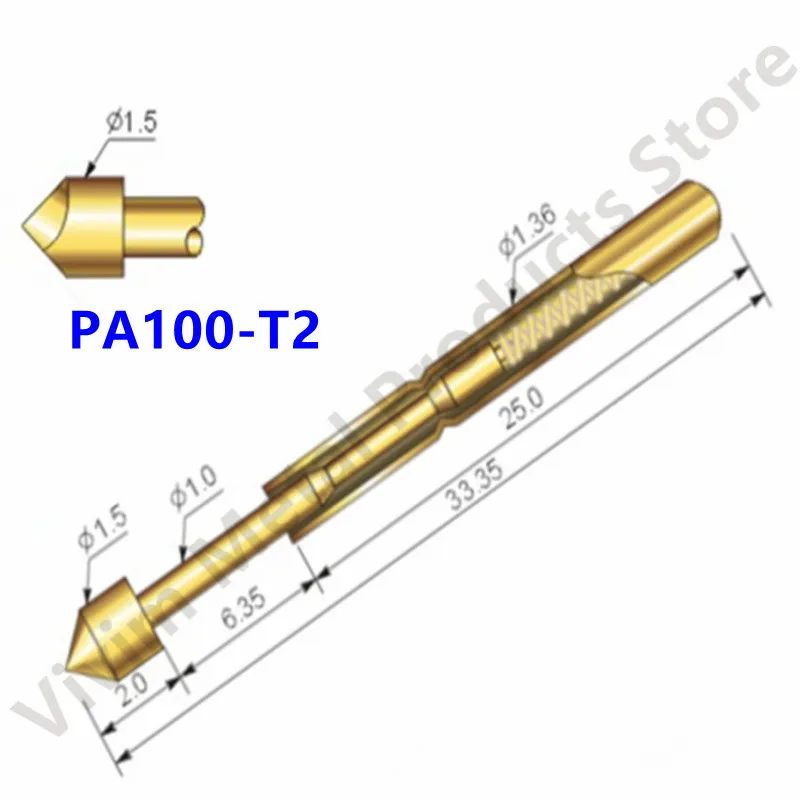 

100PCS PA100-T2 Spring Test Probe PA100-T Test Pin P100-T P100-T2 Test Tool 33.35mm 1.36mm Needle Gold Tip Dia 1.50mm Pogo Pin