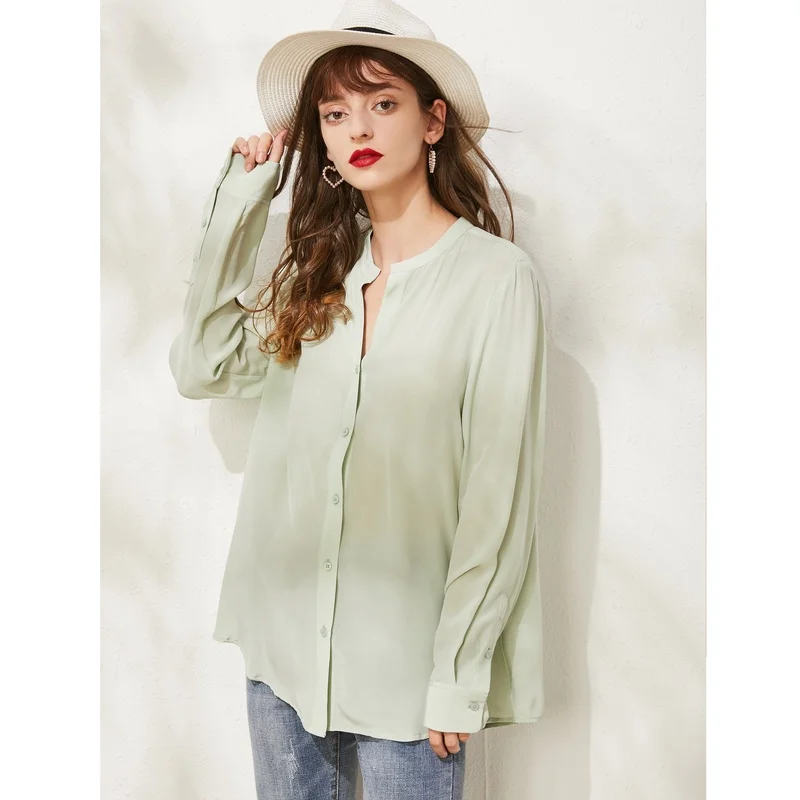 Зеленый Натуральный шелк, шифон, рубашка, шелк тутового шелкопряда, женская блуза с длинным рукавом и v-образным вырезом, M L XL