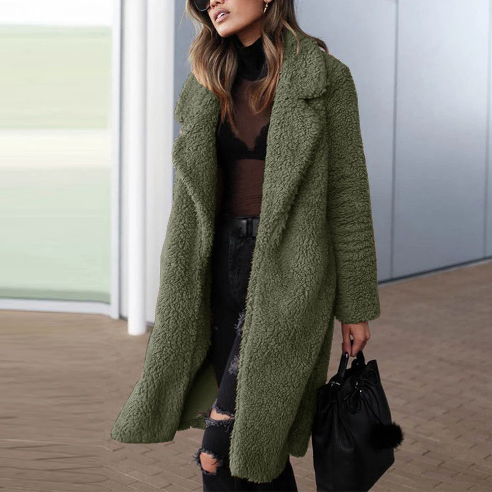 

Women Casual Warm Outwear Artificial Fleece Lapel Ladies Trench Solid Long Sleeve Cardigan Autumn Winter Jacket Coat