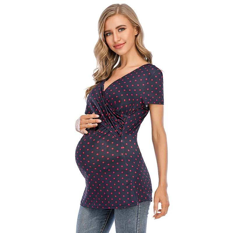 

Summer Nursing Top Polka Dot Print Short Sleeve T-shirt Cross-chest V-neck Maternity Dress Pregnant Clothes vetement grossesse