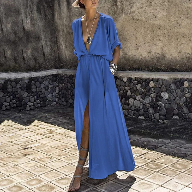 

Summer Long Maxi Dress Female Casual Loose Beach Dress Ankle-Length Empire V-Neck Long Split Dresses Vestidos Women Boho Dress