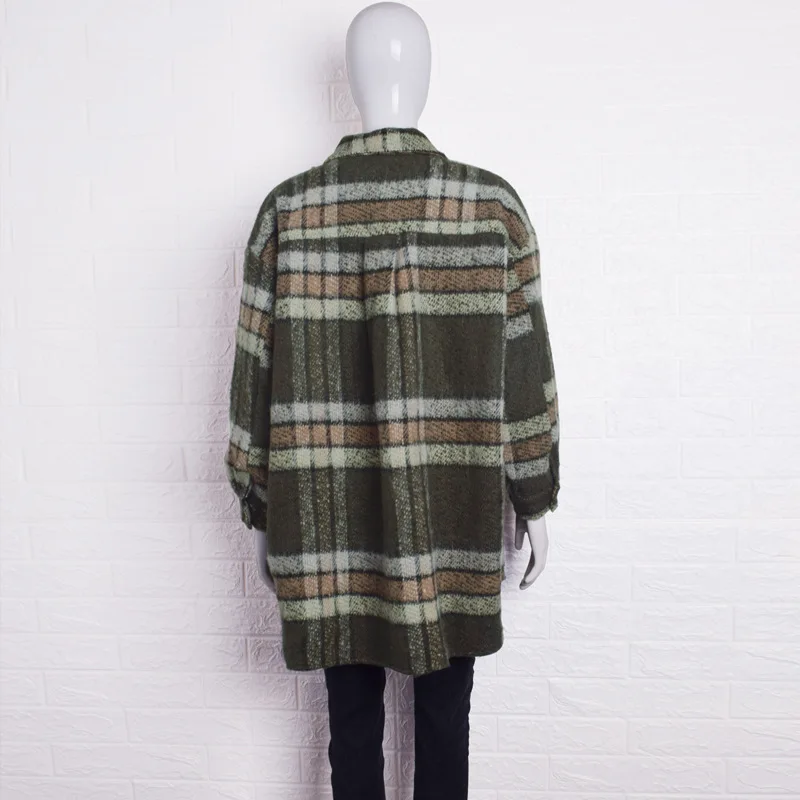 

Women Army Green Plaid Woolen Coat Loose Overcoat Jacket