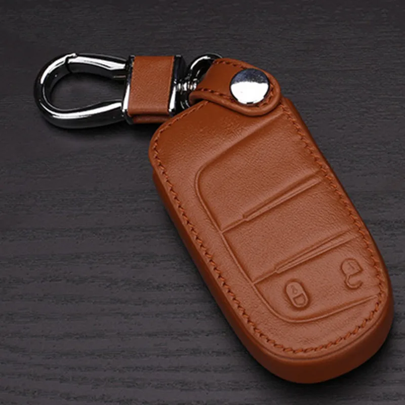 

Genuine Leather Car Key Case Fob Cover for Jeep 2014 Grand Cherokee/Cherokee Smart Remote Keychain Key Holder Shell Key Rings
