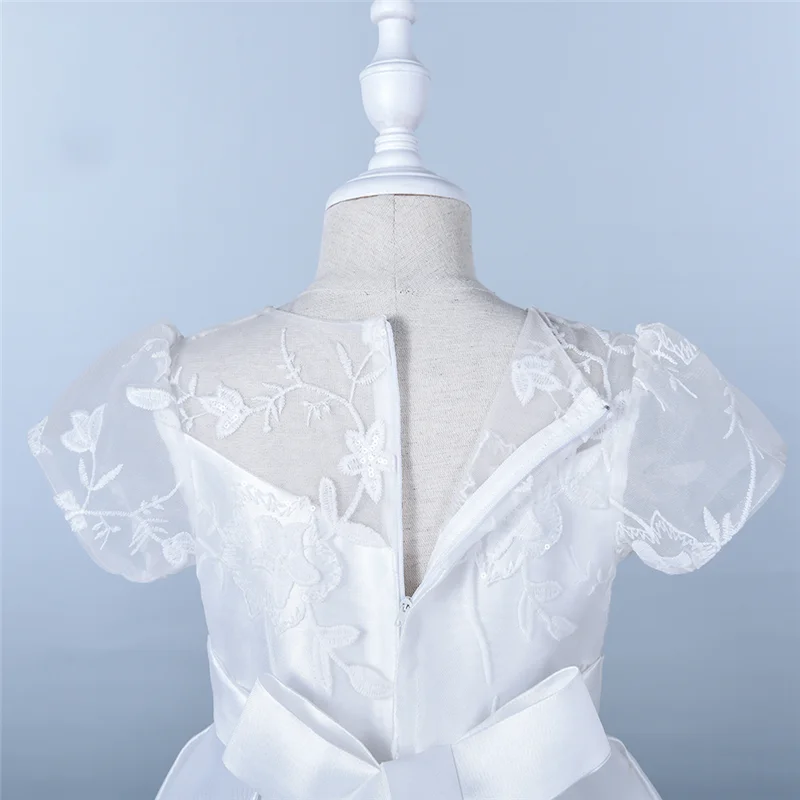 

White Flower Girl Dresss O-neck Short Sleeves Pearls Sequins Bow Satin Simple Birthday Party Children Dress Lace Casual
