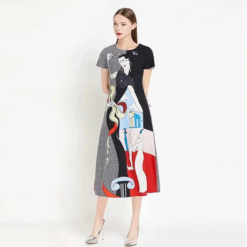 

Summer New Women'S Designer Vintage Elegant Fashion Cartoon Print Diamond Patchwork Party Workplace Short Sleeve Midi Dress