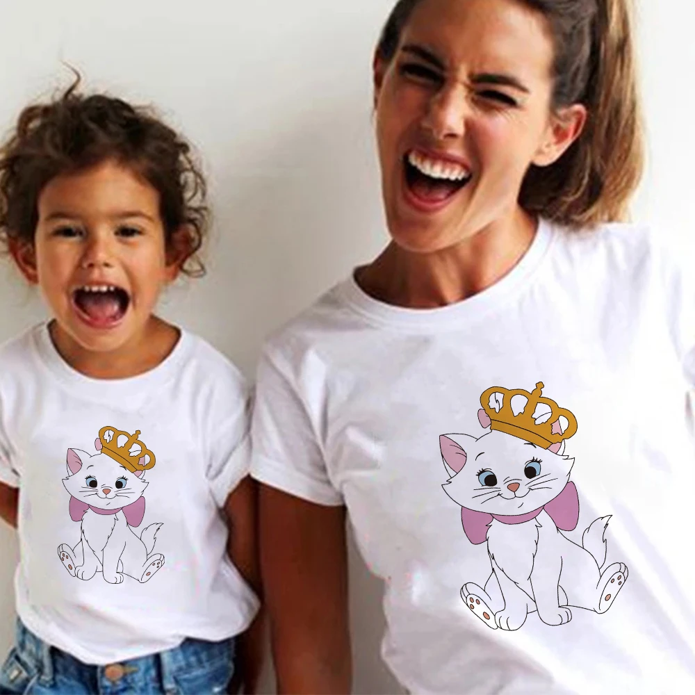 Disney Marie Cat Imperial Crown T Shirt Kids Short Sleeve Harajuku Tee Shirt Women The Aristocats Mom and Daughter Famliy Look