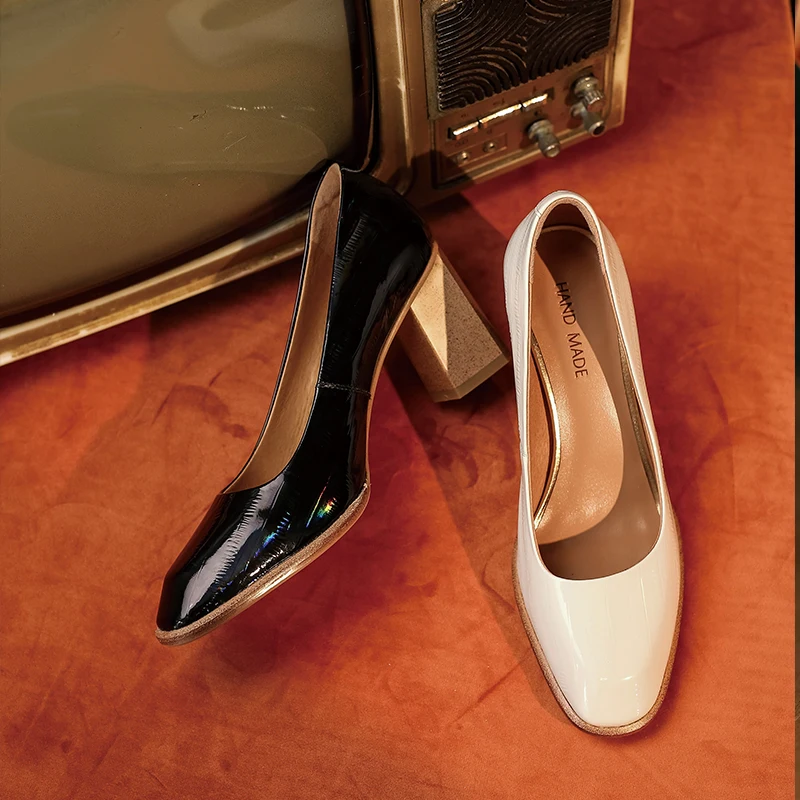 

Women Full Grain Leather Square Thick High Heels Shoes Slip on Woman Pumps Office Lady Pumps Beige Black Shoes