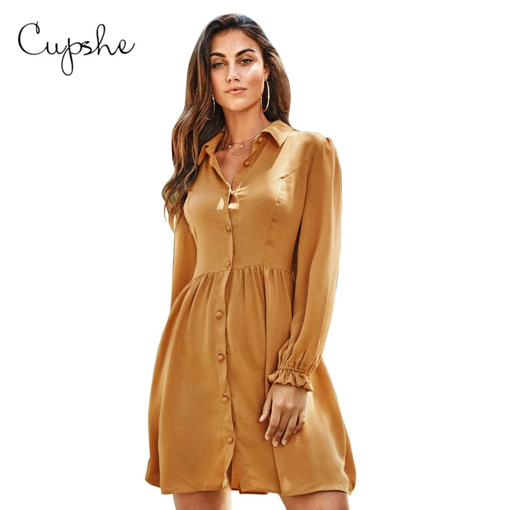 CUPSHE/желтое платье-рубашка с пышными рукавами и поясом женские сексуальные мини